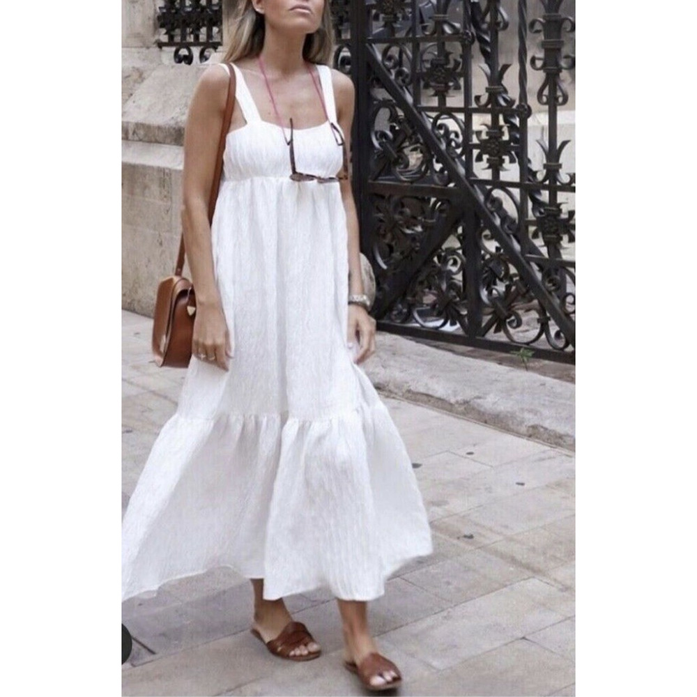 Zara White Poplin gauze cotton midi boho Long Dress Medium A006416